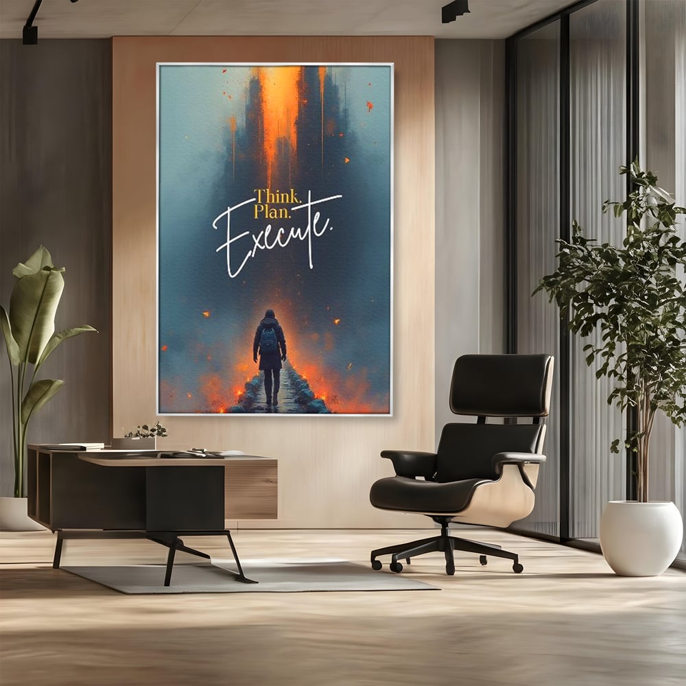 Tablou canvas cu tablou canvas cu calator pe pod, in rama de aluminiu argintiu, pe perete intr-un birou